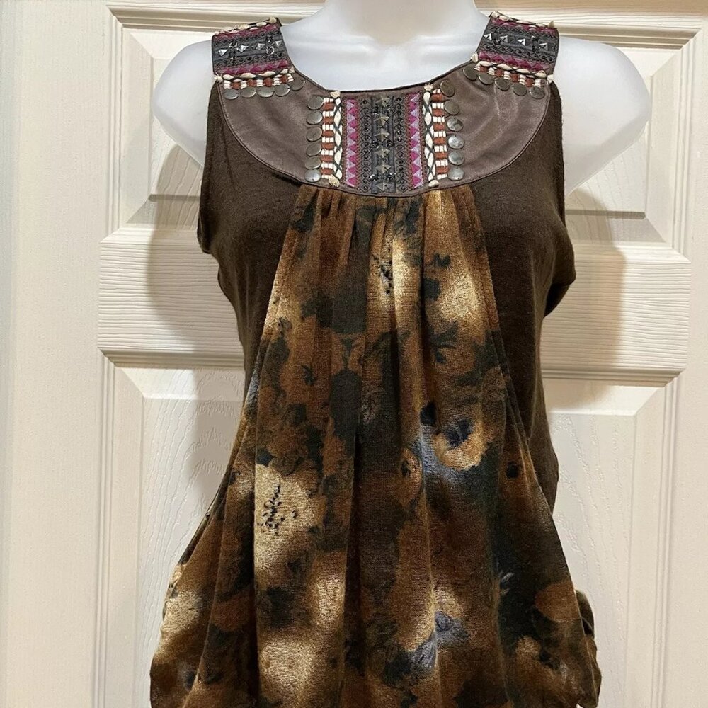 Lulumari Tank Top Womens Small Brown Sequins Front Smocking Waist Satin Blouse